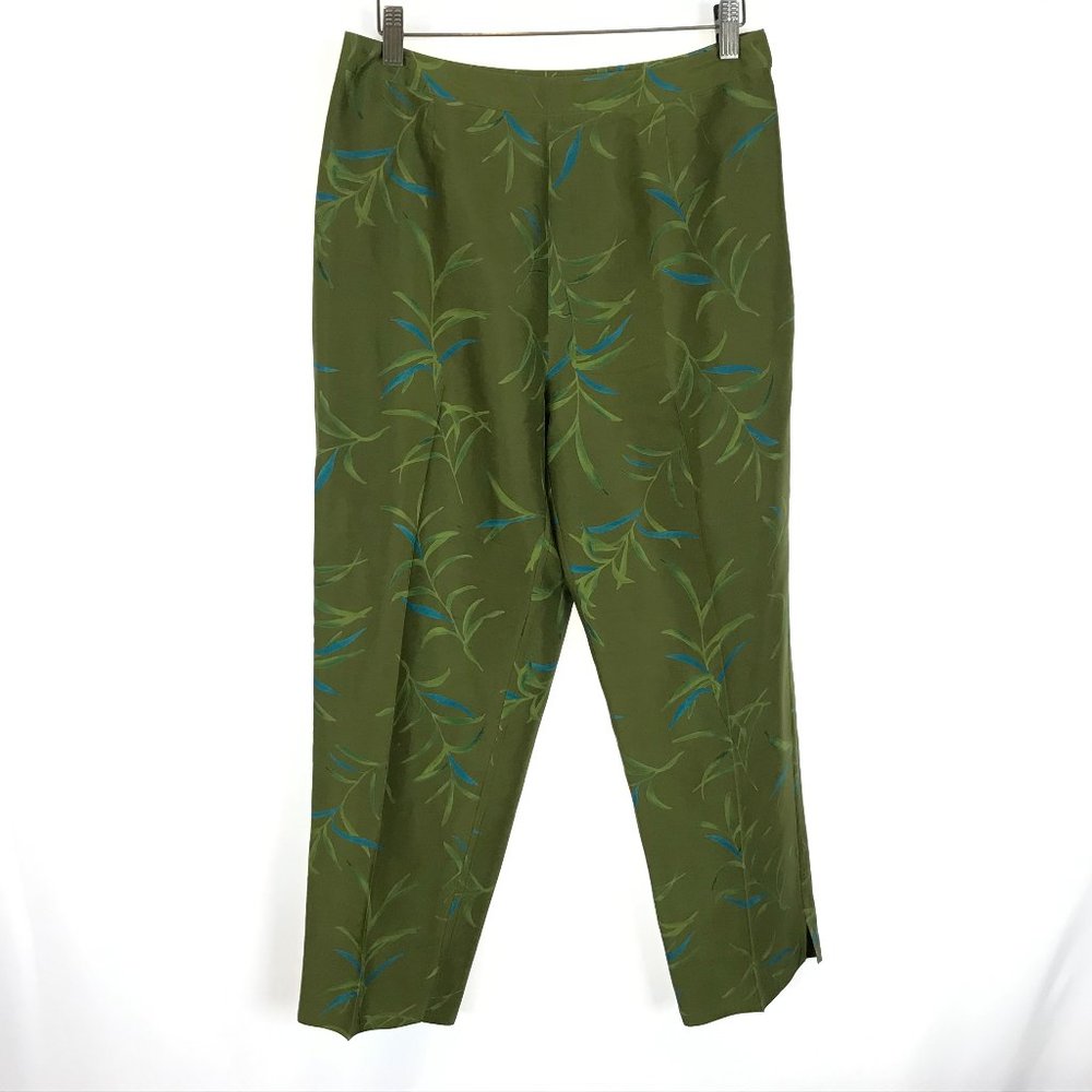 Womens Size 8 Kate Hill Green Pure Silk Leaf Pattern Tropical Florida Pants